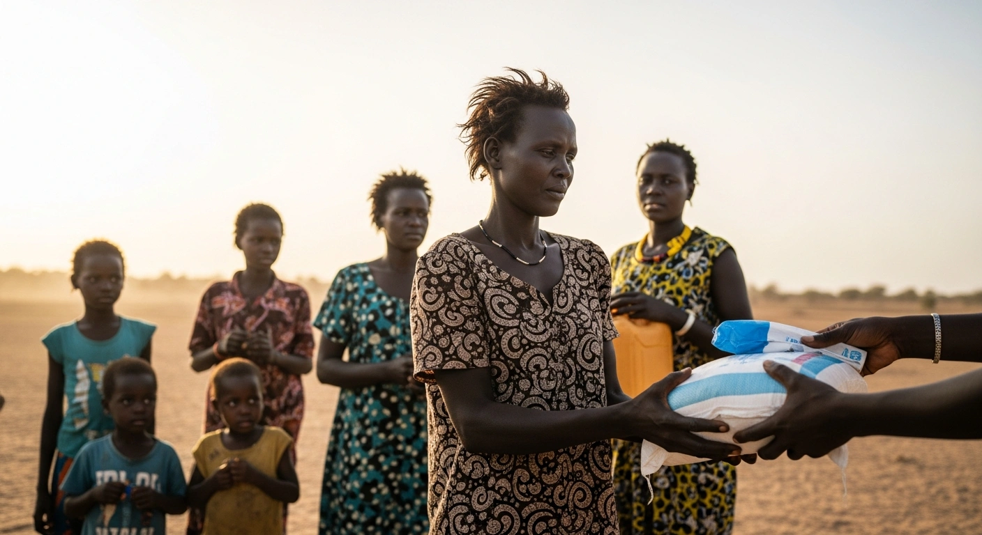 A dignified South Sudanese woman, her face showing resilience, receives a vital aid package, possibly containing food or water, from an unseen hand during golden hour, symbolizing the European Commission's humanitarian aid for vulnerable populations in South Sudan.