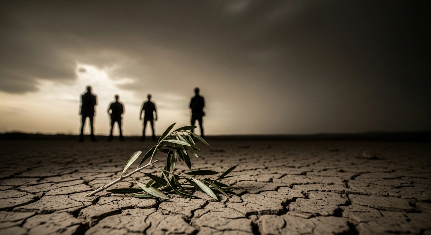 A wide, low-angle shot depicts a broken olive branch on cracked earth in a desolate landscape, with silhouetted figures standing in the mid-ground, symbolizing the fragile peace in South Sudan at risk due to political inaction and ongoing violence, as warned by a UN official.