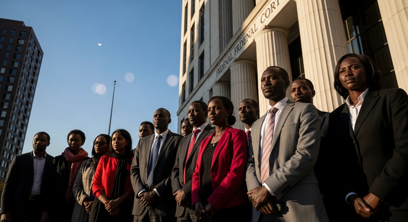 A group of determined South Sudanese migrants and immigrant rights advocates stand outside a federal courthouse in Boston, symbolizing their federal lawsuit challenging the Trump administration's decision to end Temporary Protected Status (TPS) amidst ongoing instability in South Sudan.