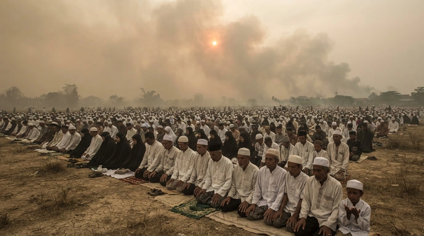 Thousands of residents in South Sumatra gather in an open field to perform Salat al-Istisqa prayers to seek rain during a period of severe wildfires and hazardous haze.