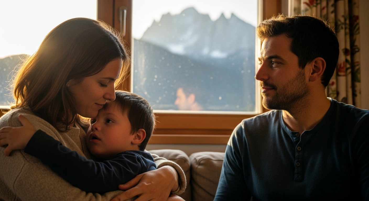 A young family, including a mother embracing her child with a disability and a father, is bathed in warm sunlight inside a home in the South Tyrolean Alps, symbolizing financial relief and support for families in South Tyrol, Italy.