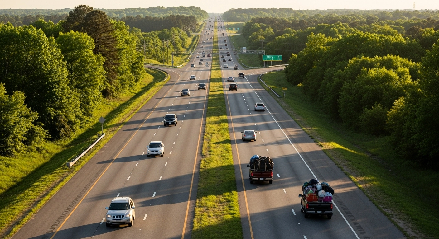 A wide-angle, elevated shot of a multi-lane highway at golden hour, with diverse vehicles, some packed with belongings, traveling south through a lush, green landscape, symbolizing the significant demographic shift and population growth in the Southern U.S., particularly North Carolina attracting new residents and South Carolina's overall growth, as indicated by U.S. Census Bureau estimates.