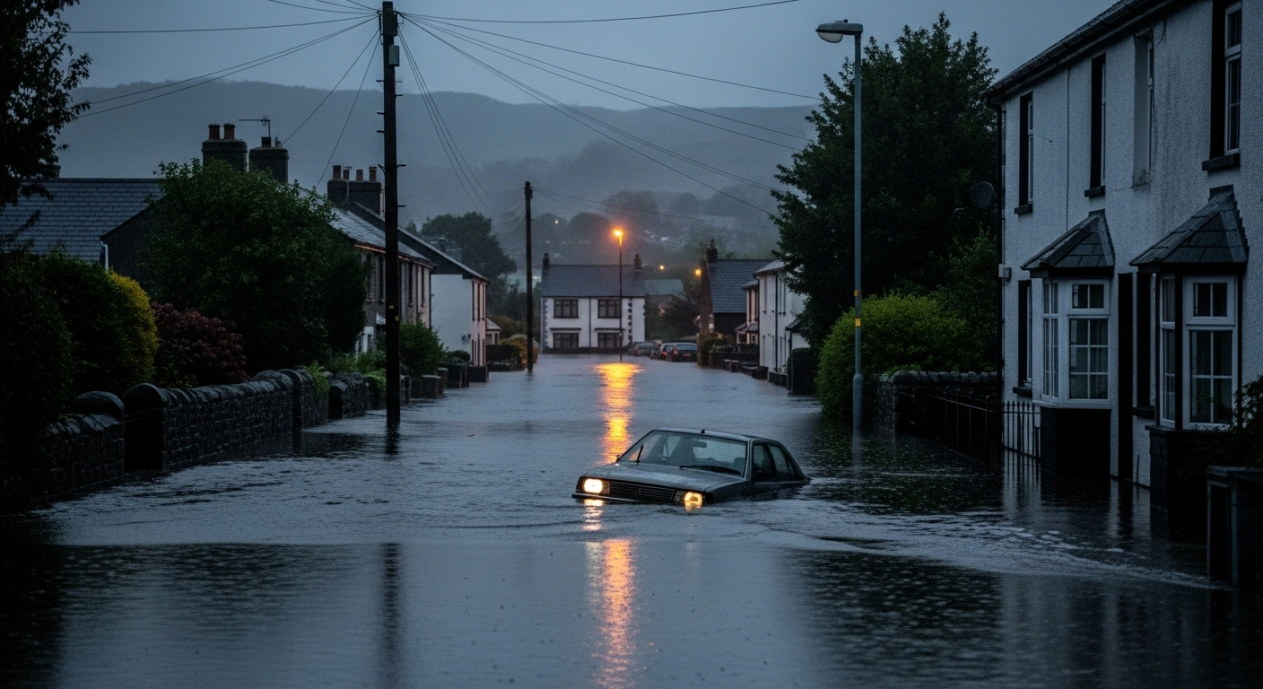 A deserted street in a South Wales village is heavily flooded under a dark, rainy sky, with an abandoned car partially submerged in the high water, illustrating the widespread disruption and danger to life from heavy rainfall.