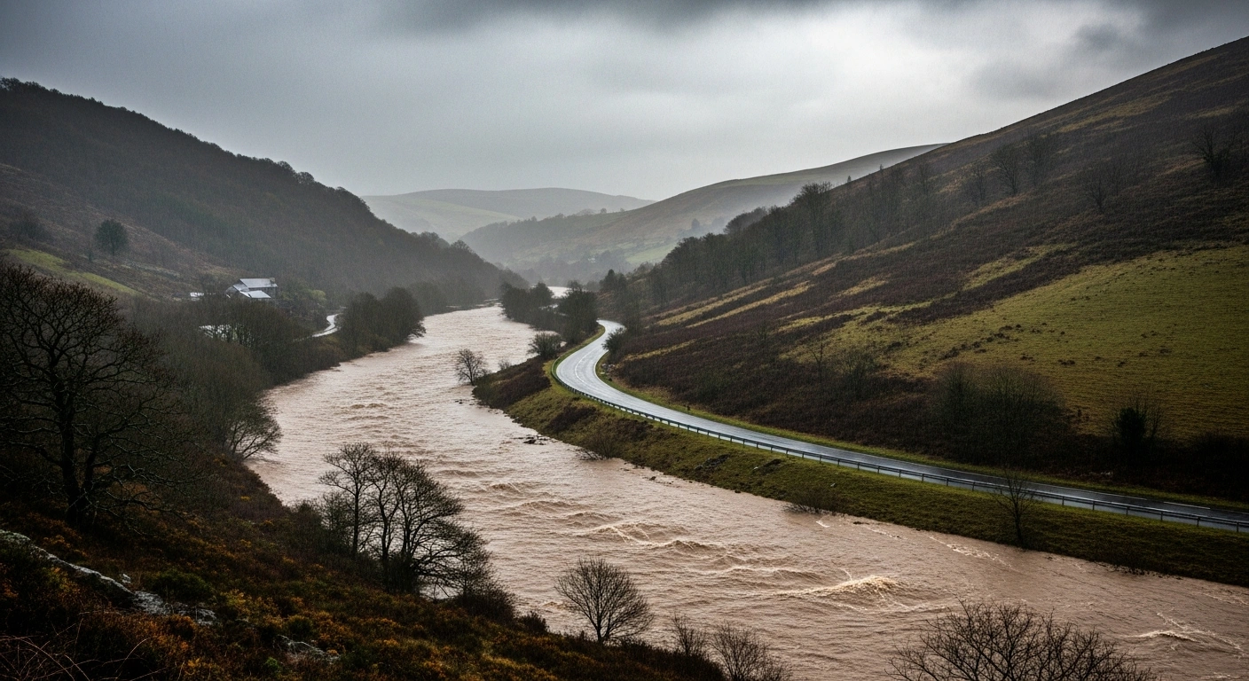 A wide, slightly elevated view shows a rain-soaked valley in South Wales with a swollen river overflowing its banks and a partially submerged road, depicting the severe heavy rainfall and flood risk associated with the amber weather warning issued for December 1, 2025.