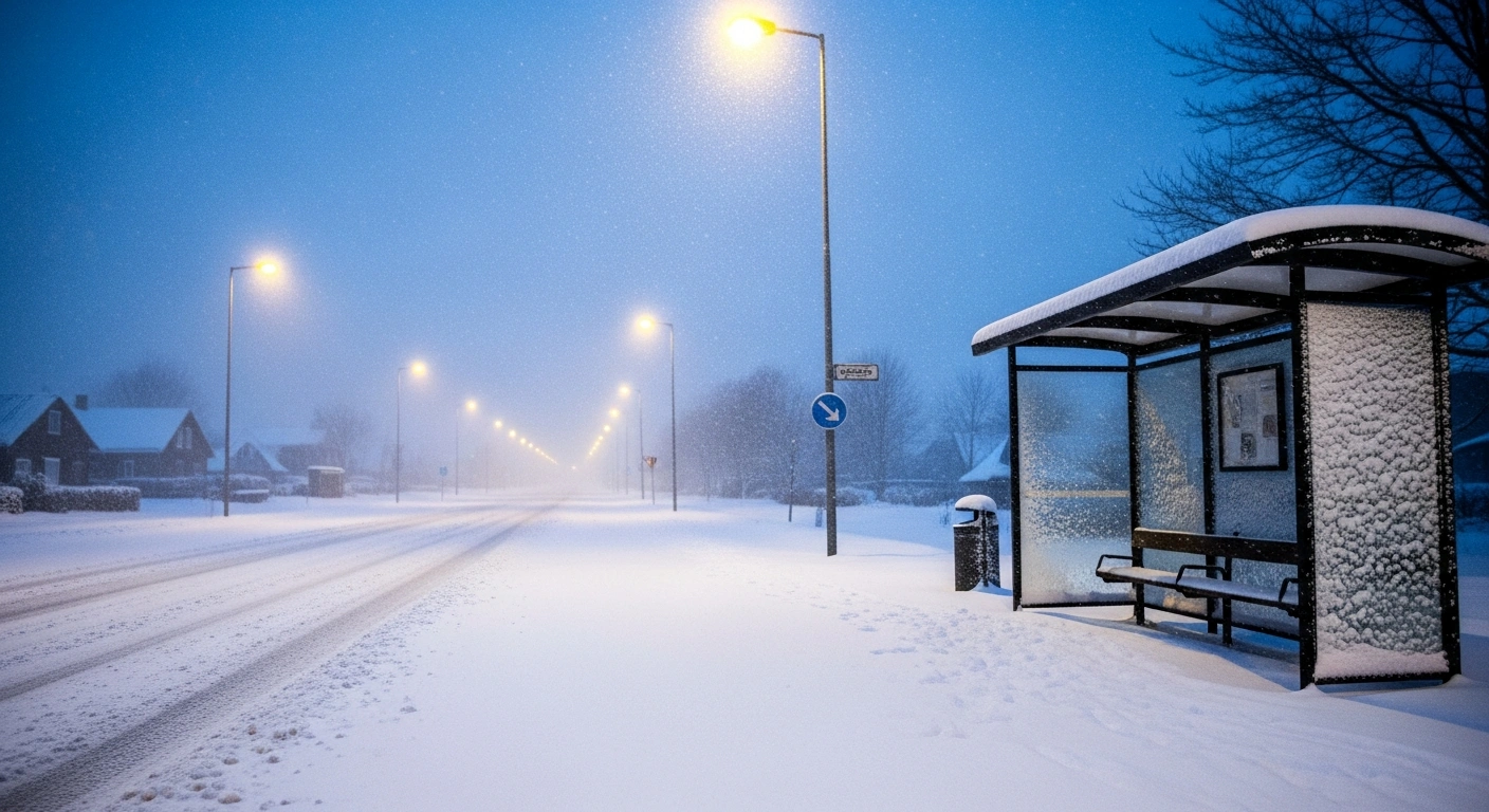 An early morning scene in Southern Denmark shows a snow-covered road and an empty bus shelter under heavy snowfall, illustrating the hazardous conditions and public transportation disruptions caused by up to 15 centimeters of snow accumulation.