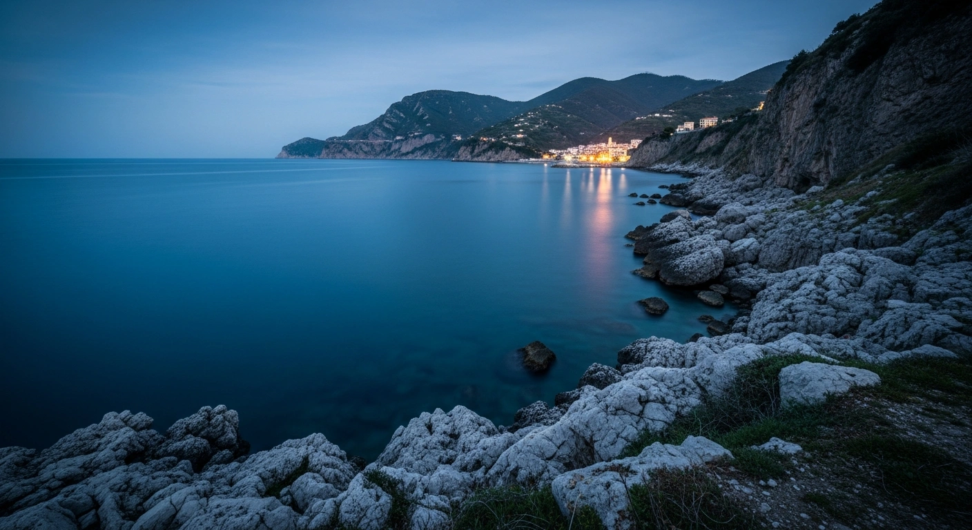 A calm, moonlit coastline in southern Italy is shown in the early morning hours following a magnitude 6.1 earthquake.