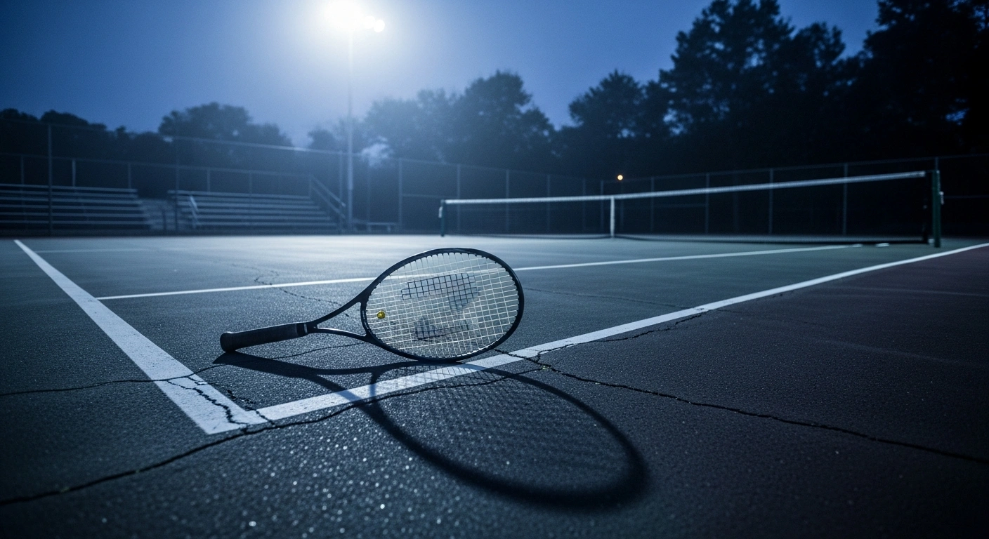 An abandoned tennis racket lies on a dark, empty court at the University of Southern Mississippi following NCAA probation sanctions.