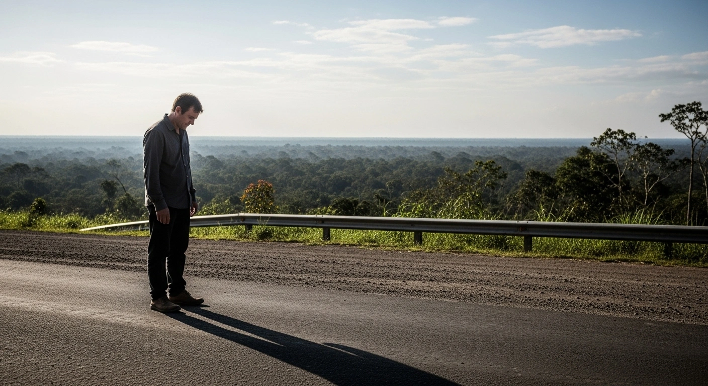 A 44-year-old man, Chanthila “Shawn” Souvannarath, stands isolated on a dusty, unpaved road in a rural, unfamiliar landscape under an overcast sky, symbolizing his deportation to Laos despite a federal court order.