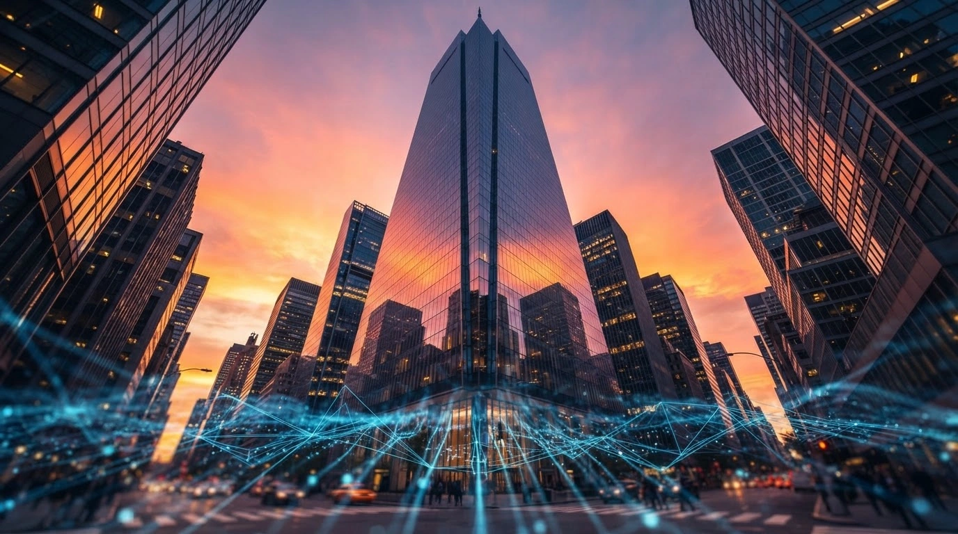 A modern glass skyscraper reflects a golden sunset as digital data streams represent the S&P 500 reaching record highs driven by artificial intelligence stocks.