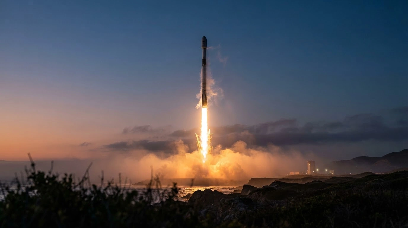 A SpaceX Falcon 9 rocket launches into the sky from Vandenberg Space Force Base to deploy a new batch of Starlink satellites.