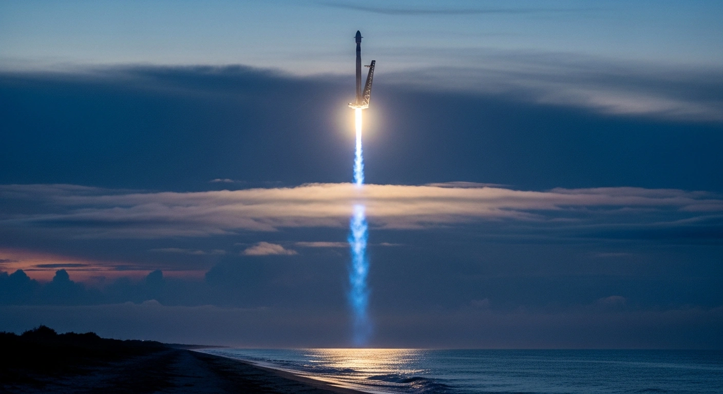 A SpaceX Falcon 9 rocket booster descends toward the Florida coast during a pre-dawn landing mission.