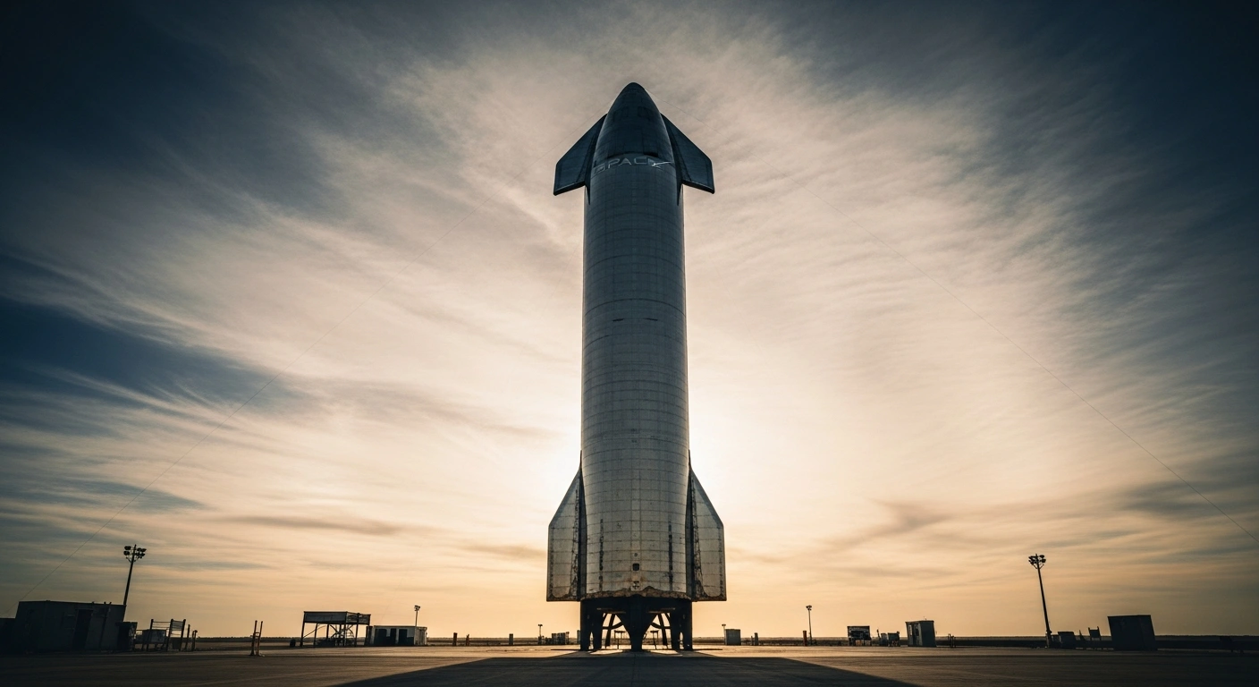 A SpaceX Starship rocket stands on a launchpad during sunset, representing the company's status as a private entity amidst speculation about a potential initial public offering.