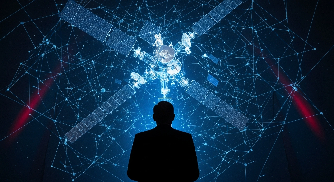 A silhouetted figure, representing a U.S. Senator, stands before a holographic projection of a satellite network, symbolizing SpaceX's infrastructure, under somber blue lighting with subtle red undertones, illustrating national security concerns over alleged secret Chinese investments.