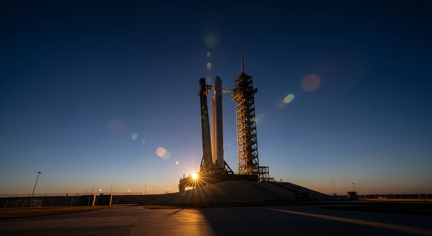 A SpaceX rocket stands on a launchpad at dusk to illustrate that the company remains private and has not launched an IPO.