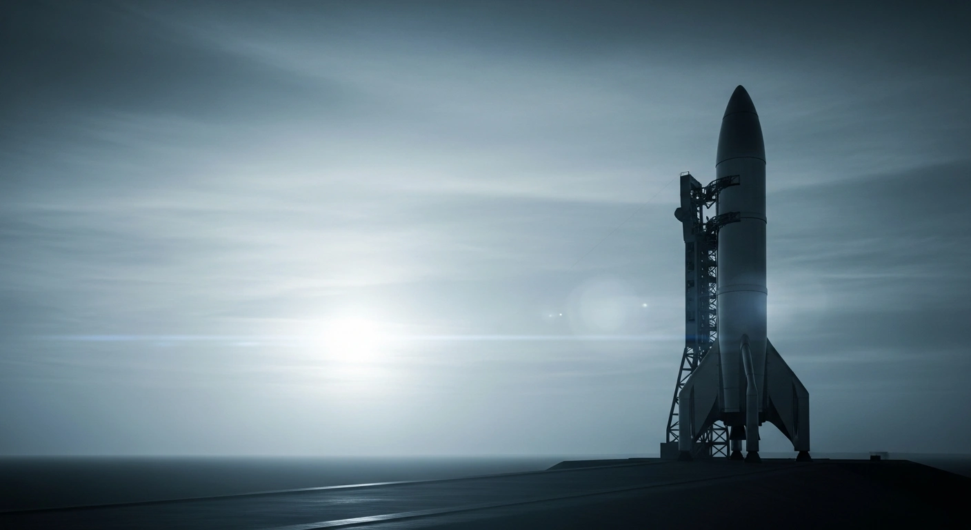 A solitary SpaceX rocket stands on a launchpad under a dim twilight sky, representing the recent shift in investor sentiment and secondary market valuations.