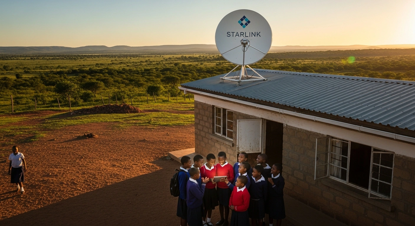 A Starlink satellite dish is mounted on a rural South African school building at golden hour, with young students gathered around a tablet, symbolizing SpaceX's commitment to B-BBEE compliance and investment in rural education in South Africa.