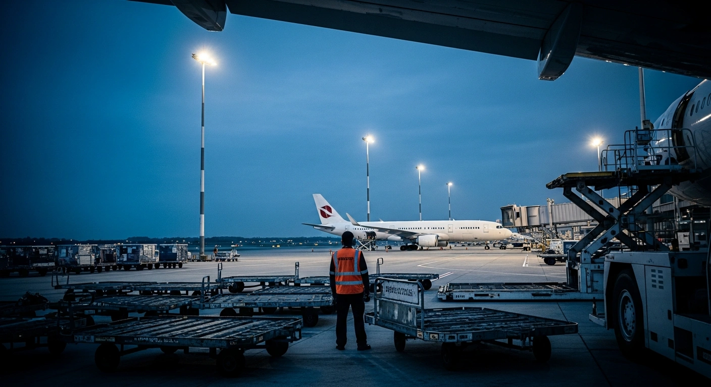 A ground handling worker stands on a busy airport tarmac at dusk, representing the safety and staffing concerns raised by Spain's largest airport union.