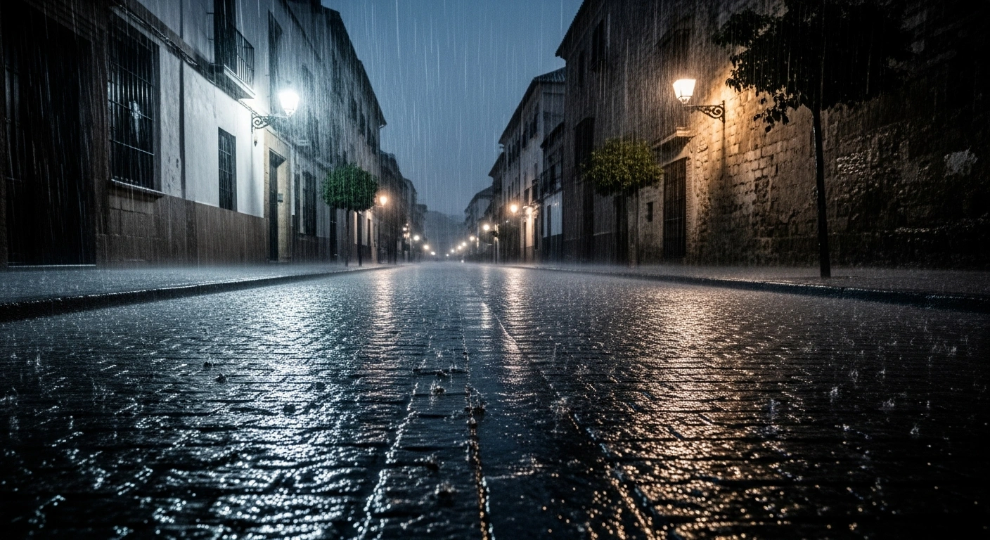 A dramatic, low-angle view of a rain-swept cobblestone street in Andalusia, Spain, under a yellow weather warning for heavy and persistent rainfall issued by Aemet.