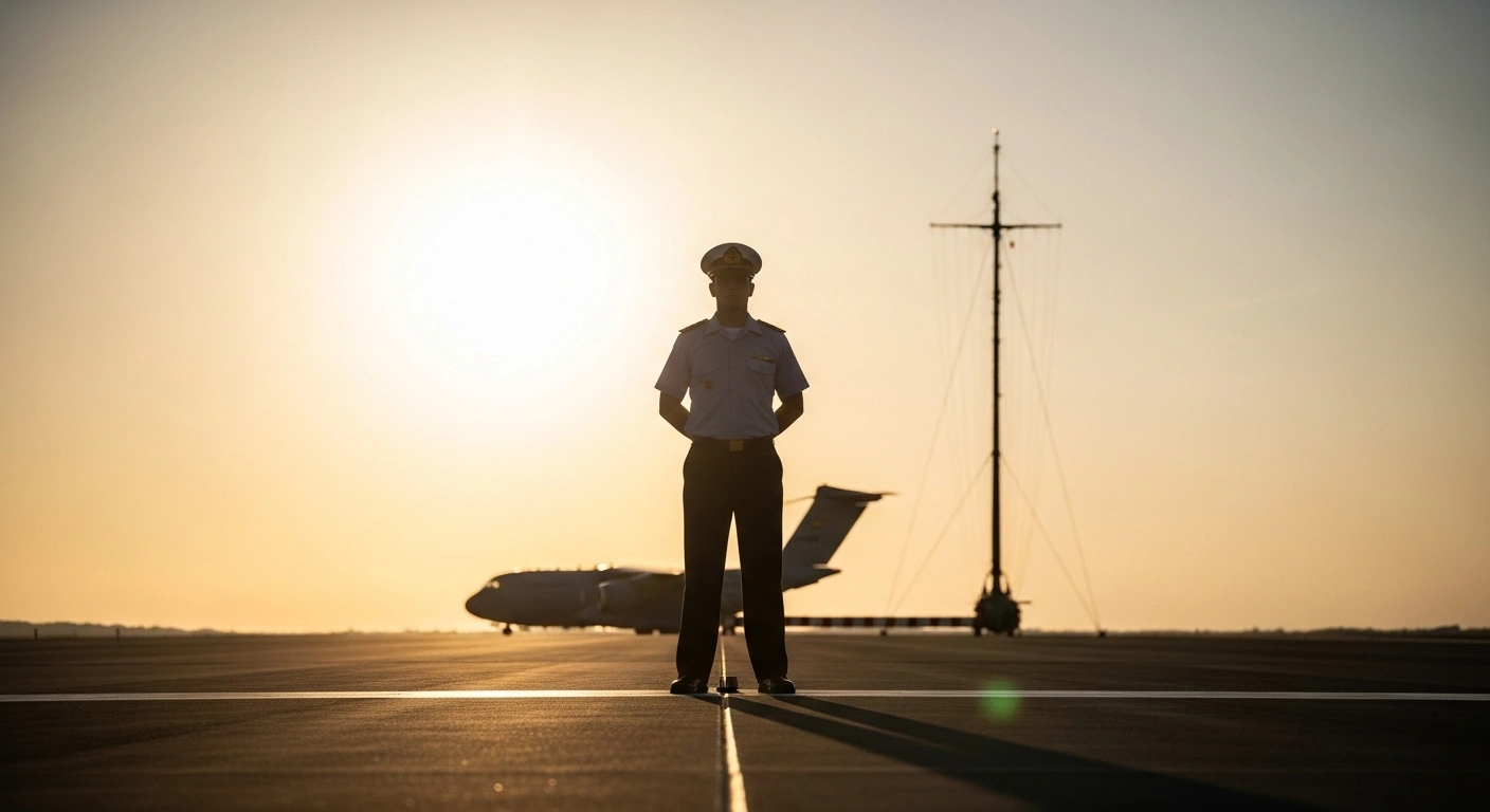 A determined Spanish naval officer stands at a military base during sunset, with a blurred US military transport aircraft in the background, symbolizing Spain's ban on the transit of US military aircraft and vessels carrying arms for Israel through its Rota and Morón de la Frontera bases.