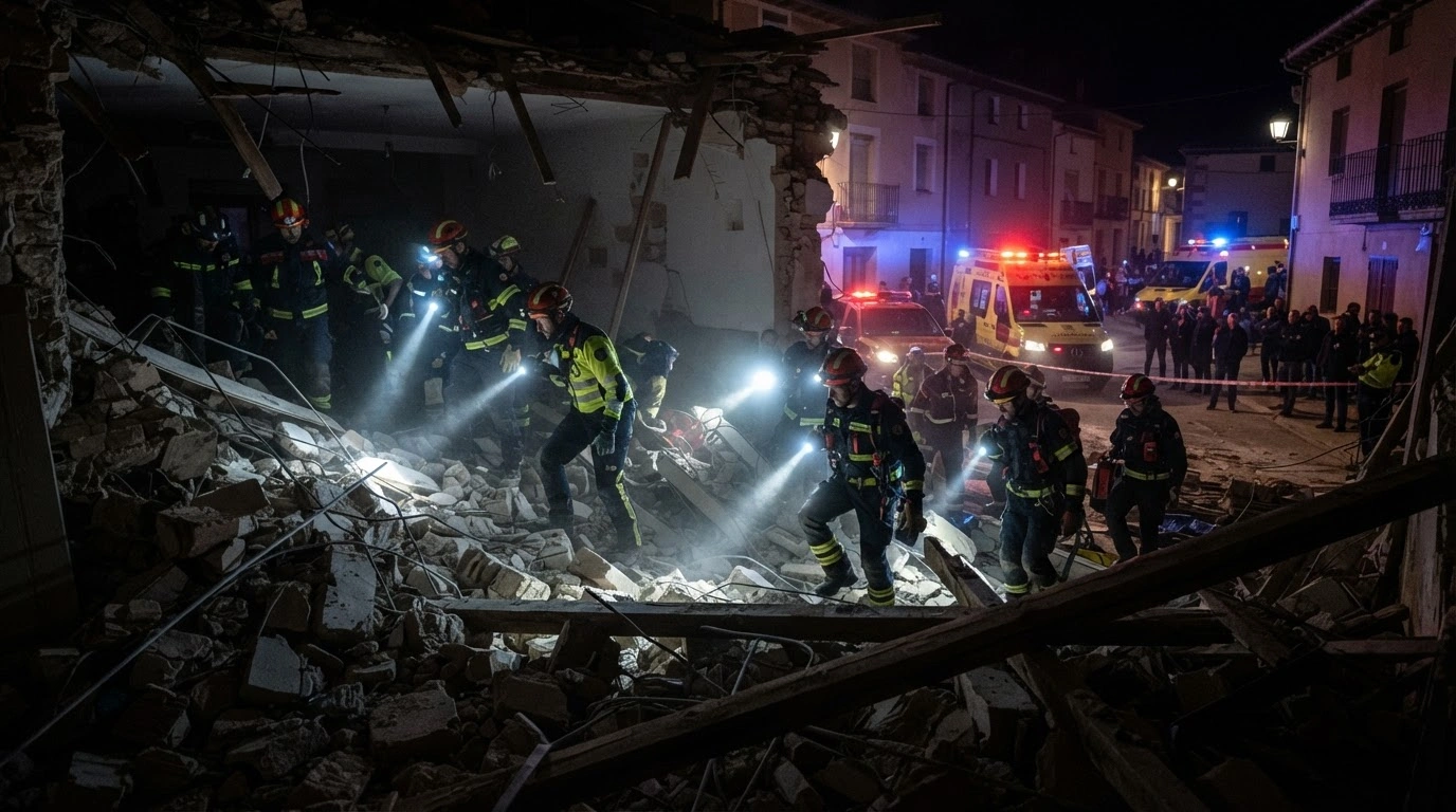 Emergency responders search through the debris of a collapsed bar in San Vicente de la Sonsierra after a structural failure injured eleven people.