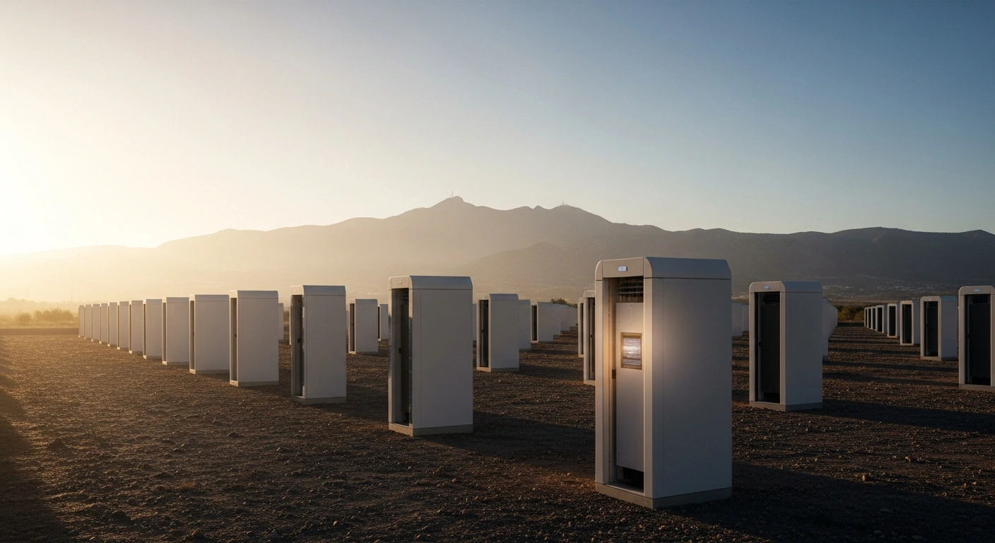 A wide, low-angle shot of a sun-drenched Spanish landscape shows rows of sleek, modern battery energy storage units, one subtly glowing, symbolizing the significant 339 MWh growth in self-consumption capacity in Spain by 2025, with distant hazy mountains representing the ambitious 2030 energy storage targets.
