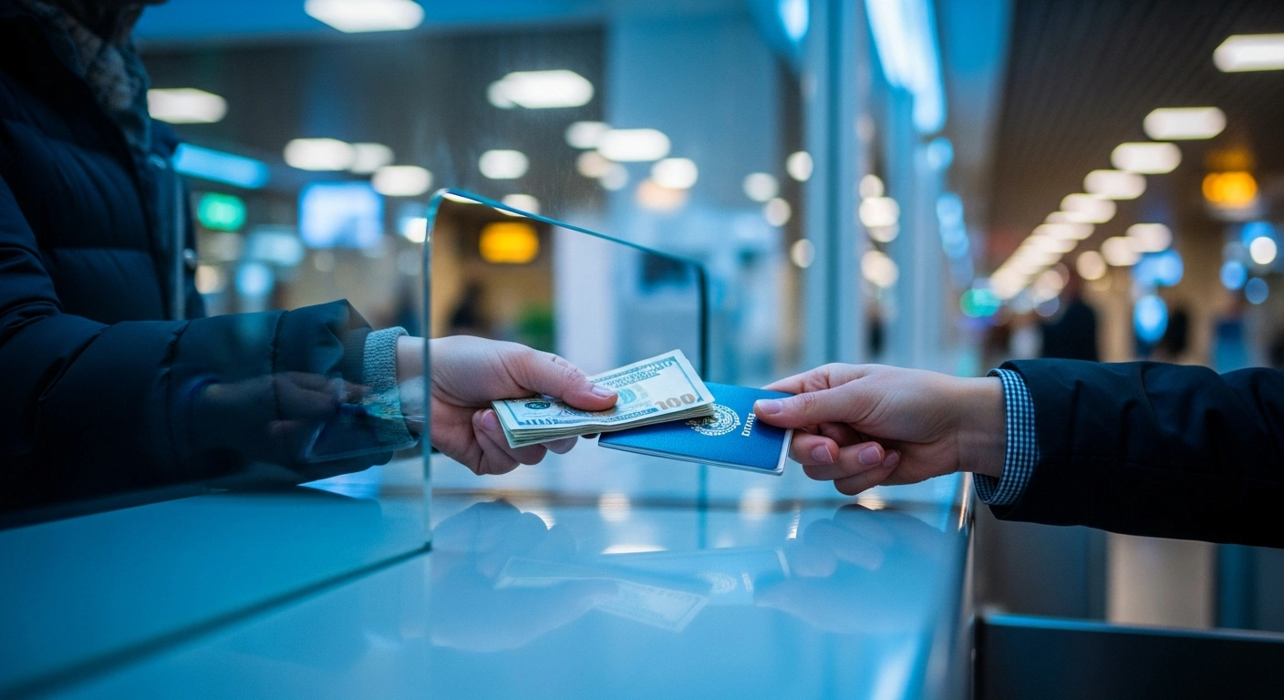 A traveler presents travel documentation and proof of funds to a border control officer at a Spanish airport to comply with entry requirements.