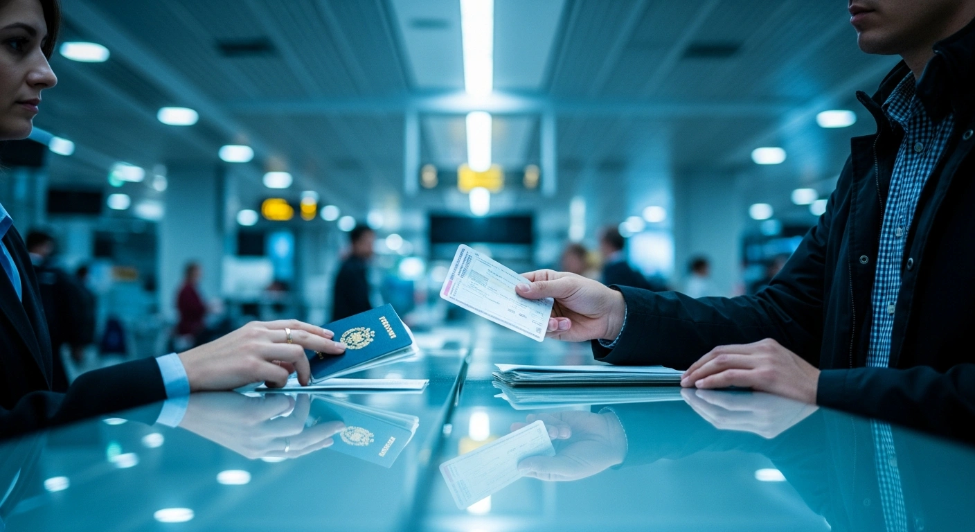 A traveler presents travel documents and proof of funds to border control authorities at a Spanish airport to comply with entry requirements.