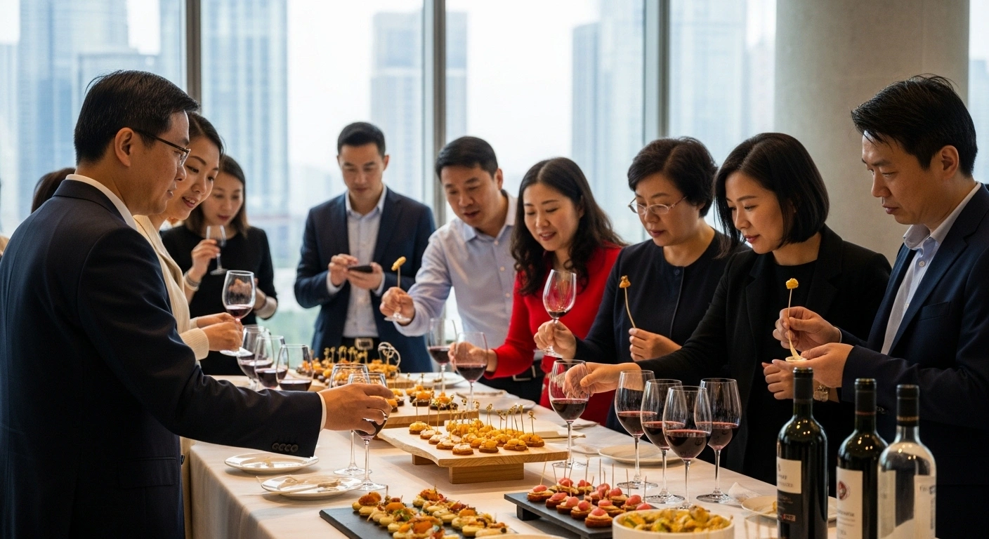 Chinese guests are seen enthusiastically sampling Spanish tapas and wine at a vibrant promotional event in a modern Chinese venue, part of Spain's 'Eat Spain Drink Spain' campaign to promote Spanish gastronomy and beverages in China.
