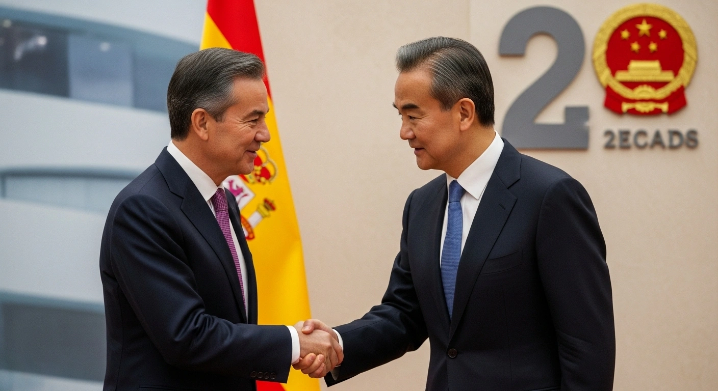 Spanish Minister for Foreign Affairs, European Union and Cooperation José Manuel Albares Bueno and Chinese Foreign Minister Wang Yi are seen shaking hands during an official visit to strengthen bilateral relations and cooperation, coinciding with the 20th anniversary of their Comprehensive Strategic Partnership.