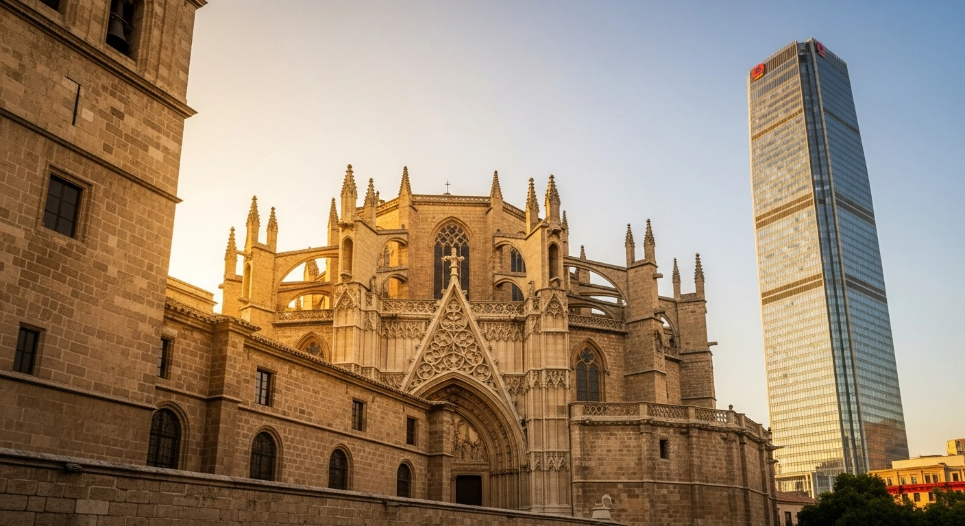 A photorealistic image shows the architectural fusion of an ancient Spanish cathedral's stonework with a modern Chinese skyscraper, illuminated by the warm glow of a setting sun, symbolizing Spain and China strengthening their political and financial links and comprehensive strategic partnership.