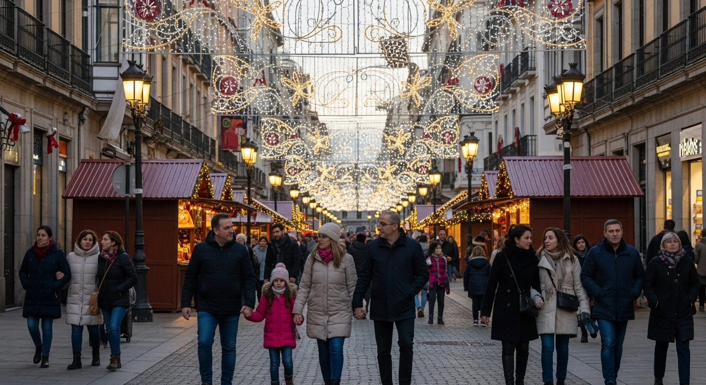 A bustling, beautifully lit cobblestone street in a Spanish city like Madrid or Barcelona during the 2025 Christmas season, adorned with festive lights and traditional decorations, with people enjoying cultural attractions and holiday market stalls, reflecting the nation's tourism recovery.