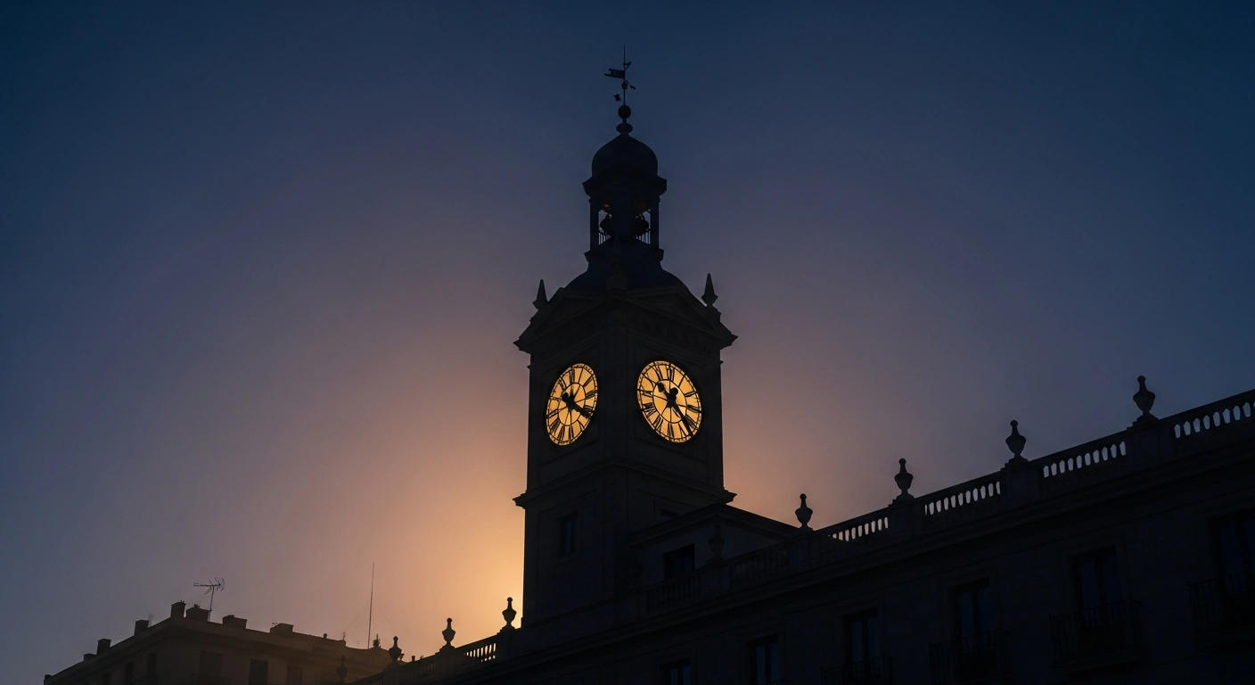 A historic clock tower in Spain stands against a dark morning sky as the country transitions to daylight saving time.
