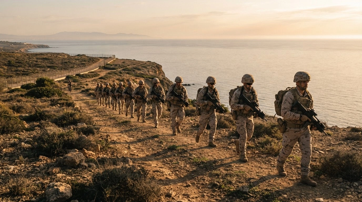 Spanish light infantry troops from the Canary Islands patrol the border area in the North African enclave of Ceuta to strengthen security.