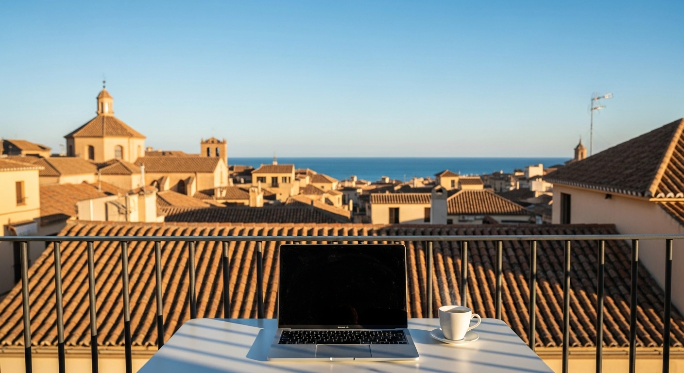 A remote worker's laptop sits on a balcony overlooking a Spanish city, representing the updated financial requirements for the Spain Digital Nomad Visa.