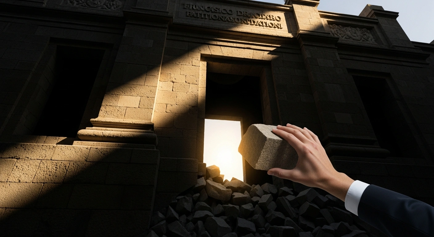 A low-angle shot depicts a grand, decaying stone edifice, symbolic of the Francisco Franco National Foundation, with a strong beam of golden light cutting across its facade, as a hand carefully removes a foundational stone, illustrating Spain's government accelerating legal proceedings to dissolve the FNFF under the Law of Democratic Memory.
