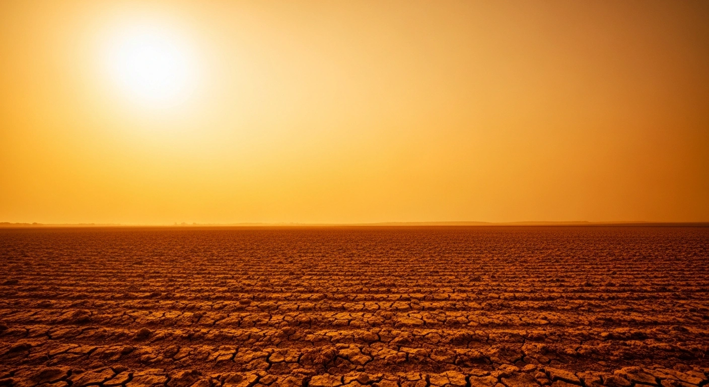 A scorched and arid landscape in Spain experiences an intense early-season heat wave with visible heat haze rising from the dry ground.