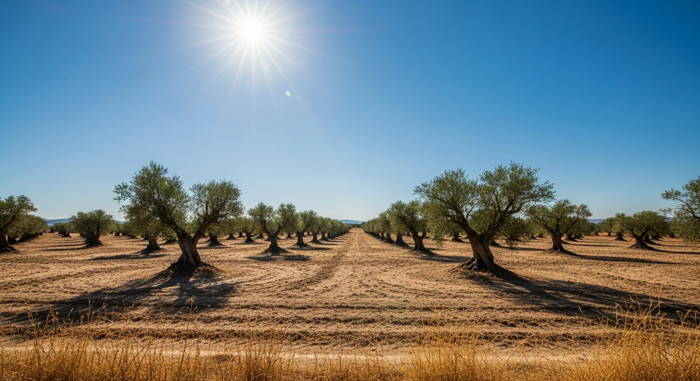 A parched Spanish landscape under a bright sun illustrates the early onset of intense summer heat across Spain.