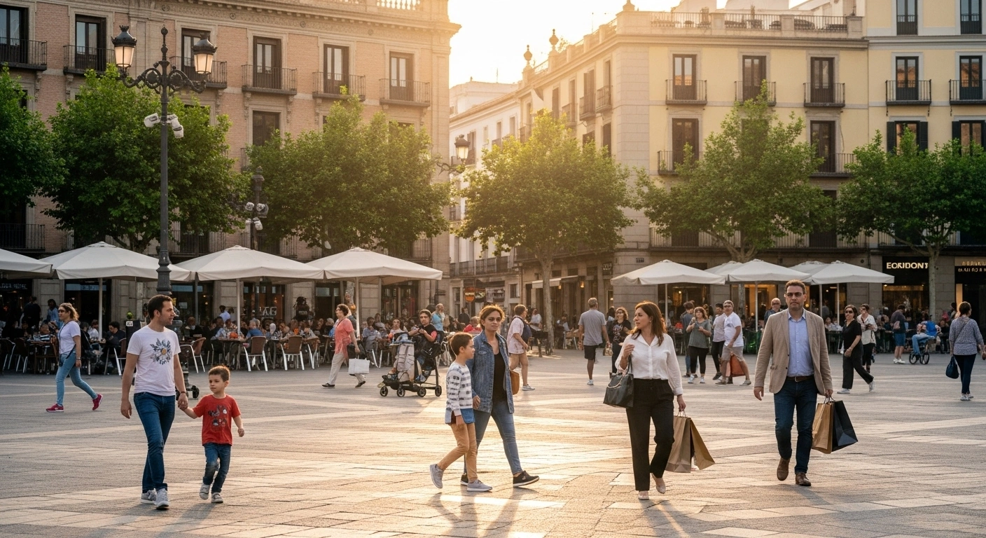 A wide shot of a sun-drenched, bustling plaza in a vibrant Spanish city, filled with people enjoying outdoor cafes and shopping, symbolizing Spain's strong economic growth driven by household spending and investment in Q2 2025.