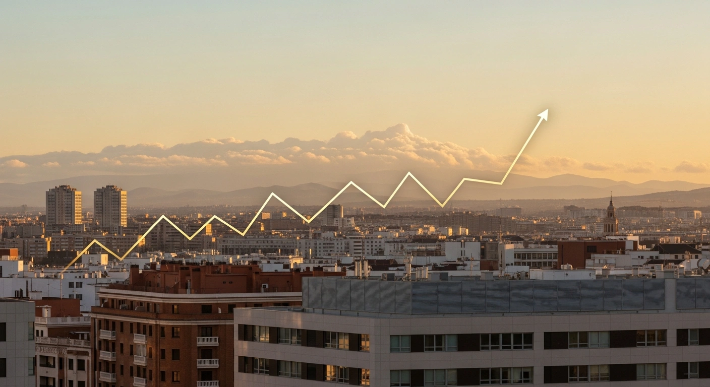A conceptual image showing a rising economic growth chart over a Spanish city skyline with distant storm clouds representing geopolitical risks.