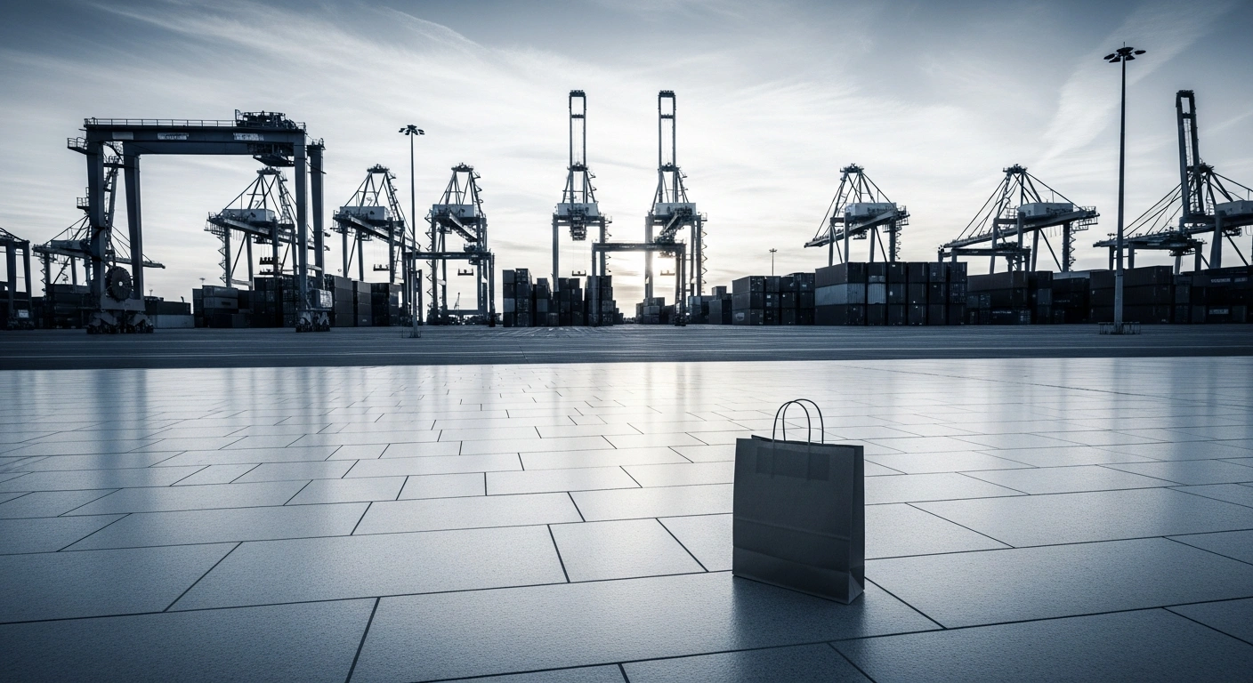 A quiet shipping port and an abandoned shopping bag represent the slowdown of Spain's economy and reduced household consumption in early 2026.