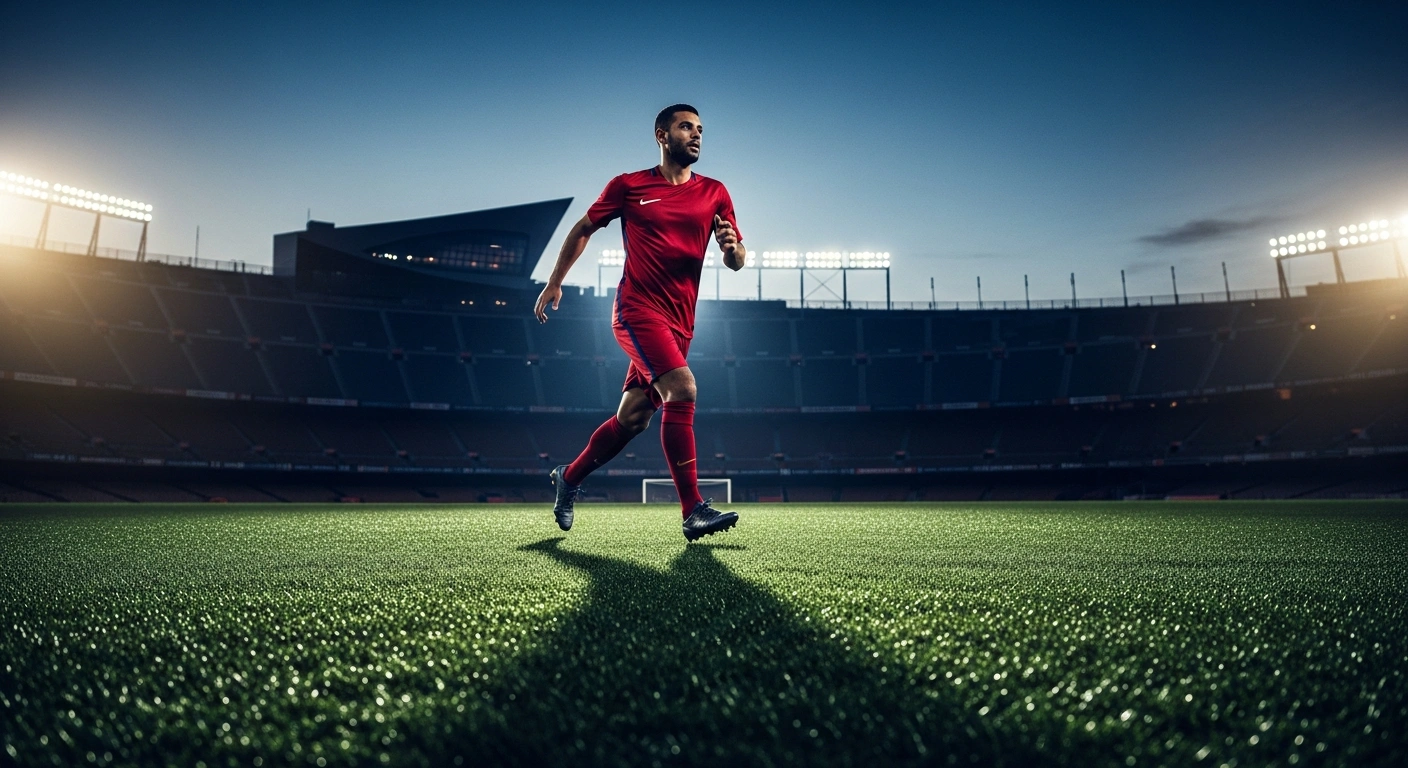 A professional soccer player in a red jersey runs across a stadium pitch during a practice session in Barcelona.