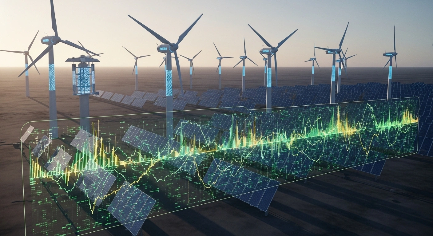 A futuristic depiction of Spain's electricity sector at dawn, showing glowing wind turbines and solar arrays alongside a holographic interface with rapidly shifting data streams, symbolizing the transition to a quarter-hourly market auction, integration of renewables, and enhanced market flexibility.