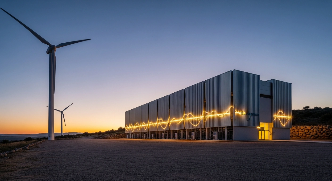 A low-angle wide shot at dusk captures a modern energy storage facility with glowing lines and a large wind turbine against a rugged landscape, visually representing Spain's urgent measures to modernize its electricity system, streamline energy storage integration, and accelerate demand electrification for enhanced resilience and stability.
