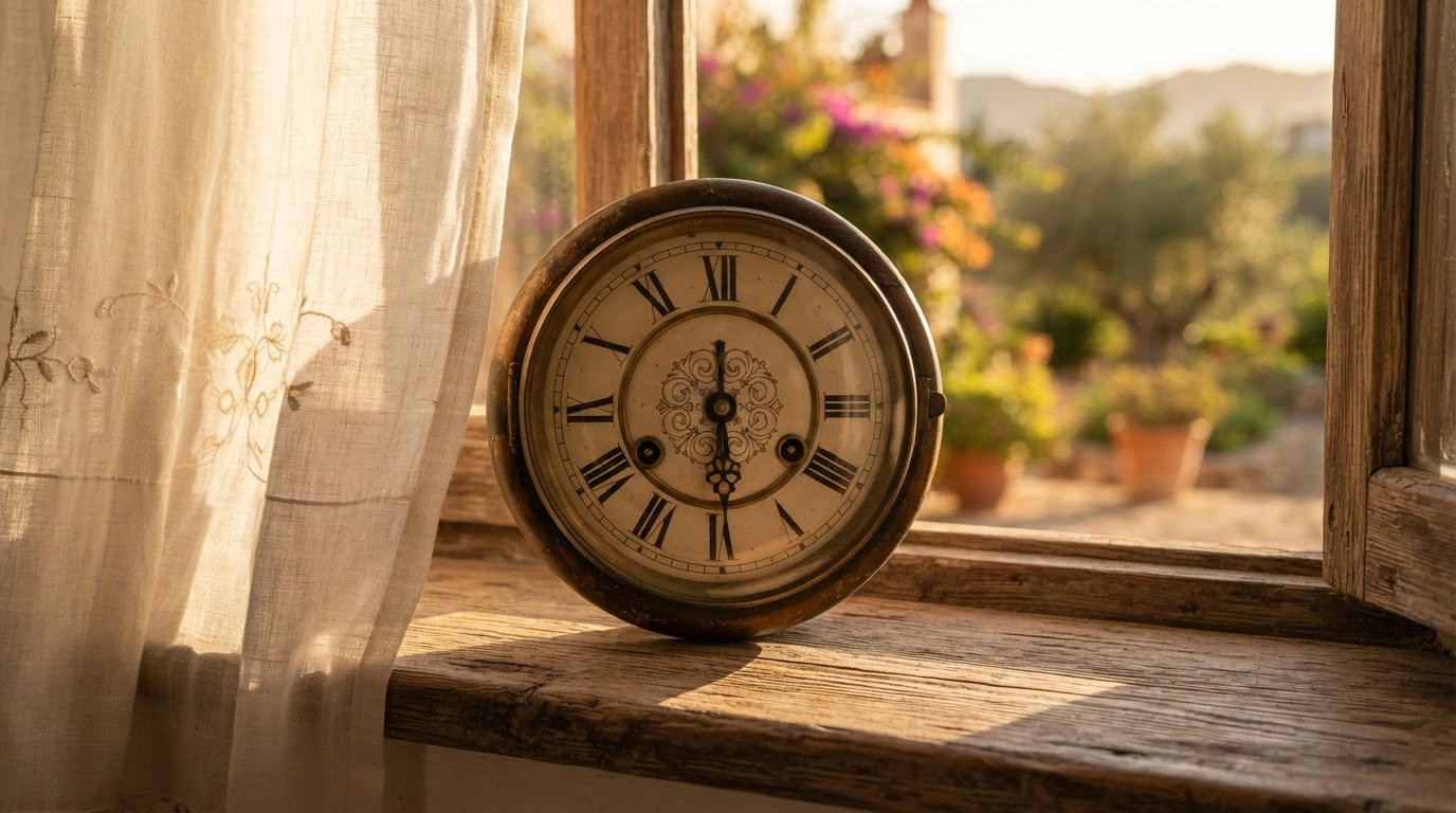 A close-up of a vintage clock on a windowsill in Spain during the transition to winter time in October 2026.