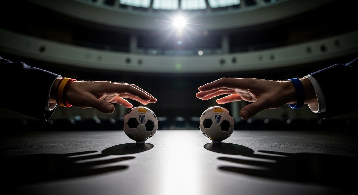 Two hands, one with a red and yellow wristband and the other with a blue and white wristband, hover over miniature footballs on a polished surface, symbolizing the draw for the 2027 FIFA Women's World Cup qualifying group where defending champions Spain and European champions England were placed together.