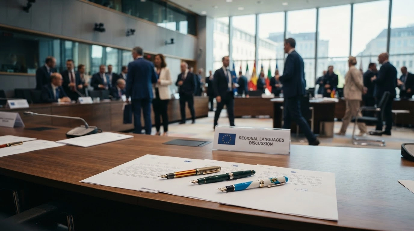 Three fountain pens rest on a table in a European Union meeting hall as Spain negotiates for the official recognition of Catalan, Basque, and Galician languages.