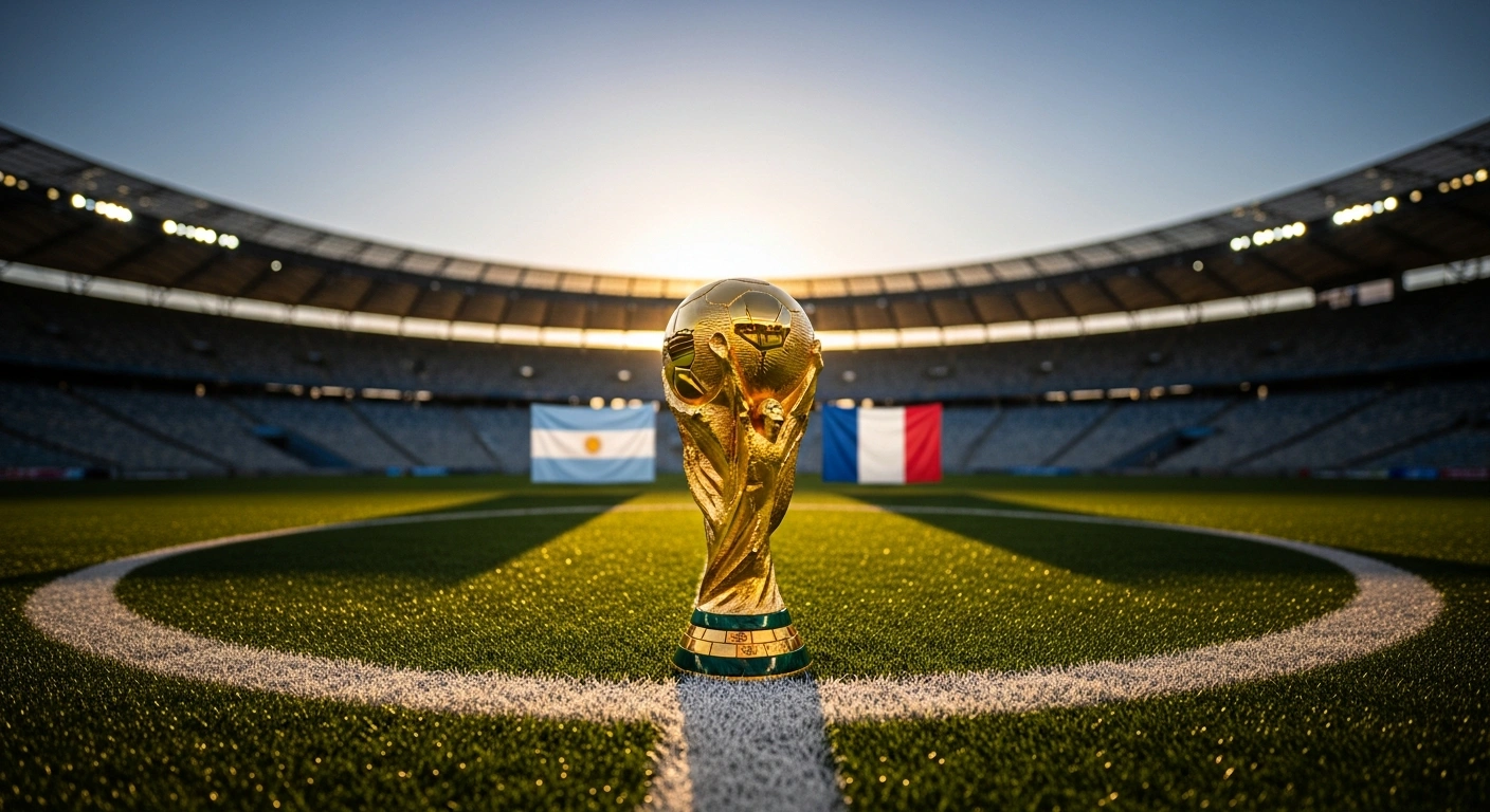 A gleaming golden trophy, symbolizing Spain's leading position in the FIFA Men's World Ranking, stands prominently on a football stadium pitch at dusk, with the national flags of Argentina and France visible in the background, representing their follow-up ranks for the 2026 FIFA World Cup.