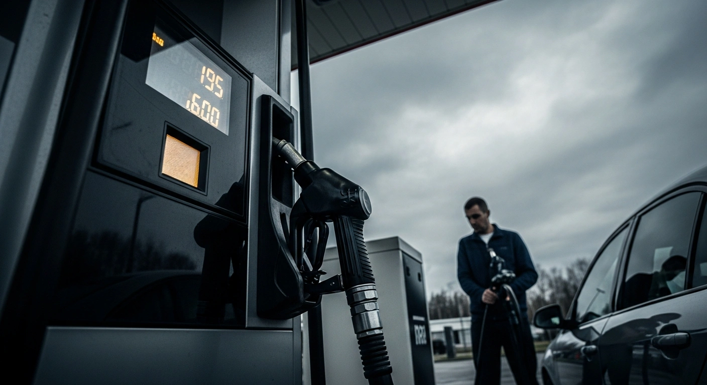 A motorist at a gas station looks concerned as fuel prices rise, reflecting the demand for government price caps in Spain.