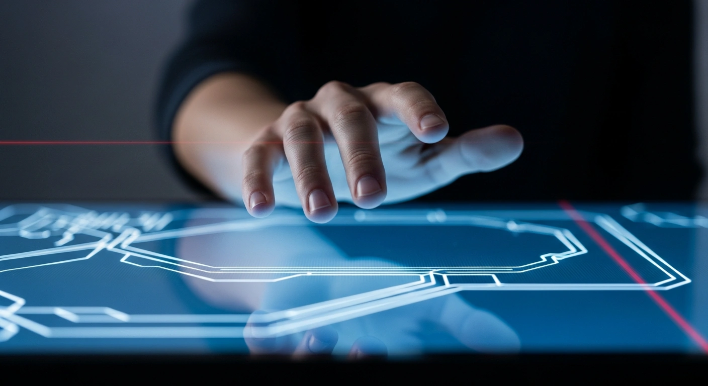 A solitary hand, illuminated by the cold blue light of a digital screen displaying abstract patterns and a subtle red warning line, symbolizes Spain's new online gambling regulations, betting limits, and risk warnings aimed at protecting vulnerable groups.