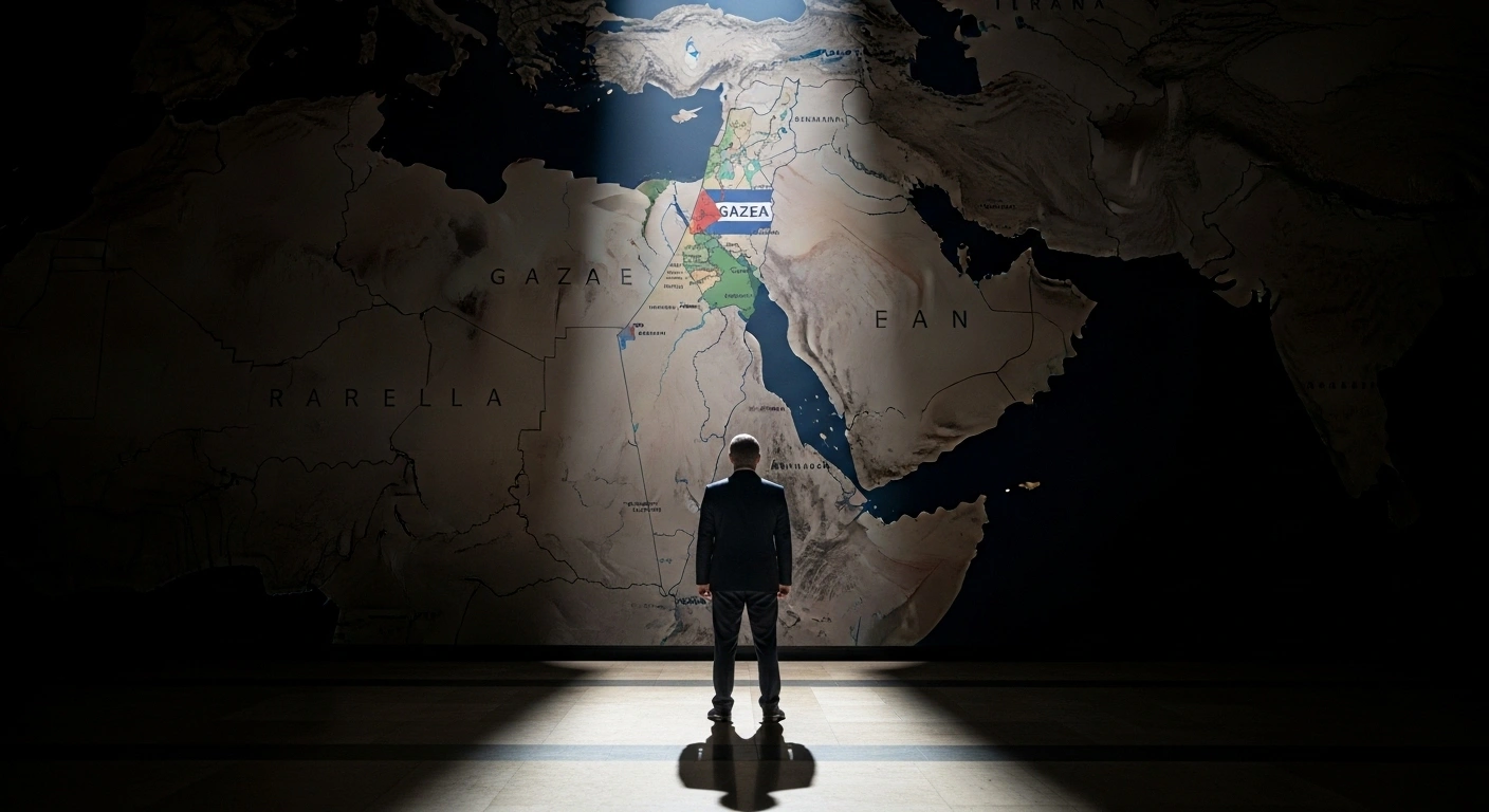 A solemn figure, representing Spain's Attorney General, stands before a large, dimly lit map of the Middle East with Gaza highlighted, symbolizing the ordered investigation into alleged human rights violations to assist the International Criminal Court (ICC) and the International Court of Justice (ICJ).